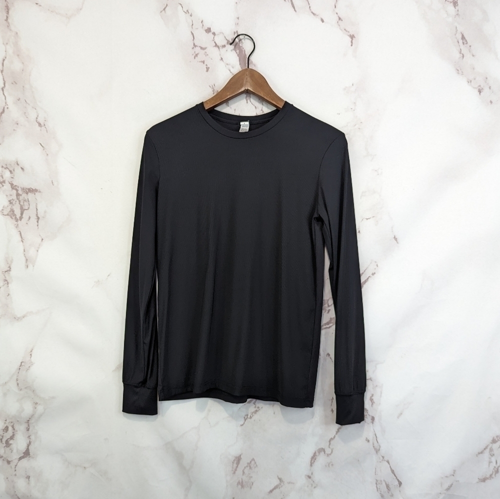 Zyia Shirt Small Long Sleeve Stripe Ribbed Primo Black Crew Neck Nylon Womens